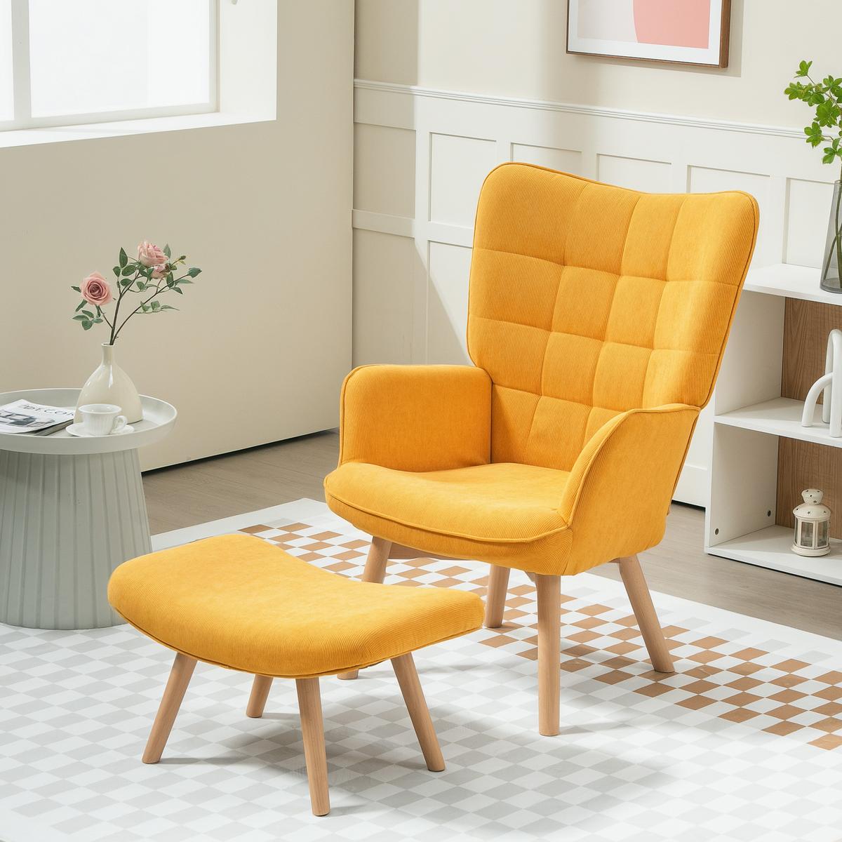 OHRENSESSEL mit Hocker, Relaxsessel, Polstersessel in Kordoptik, Loungesessel - Buchefarben/Orange, Holz/Buchenholz (80/101/72cm) - HOMCOM