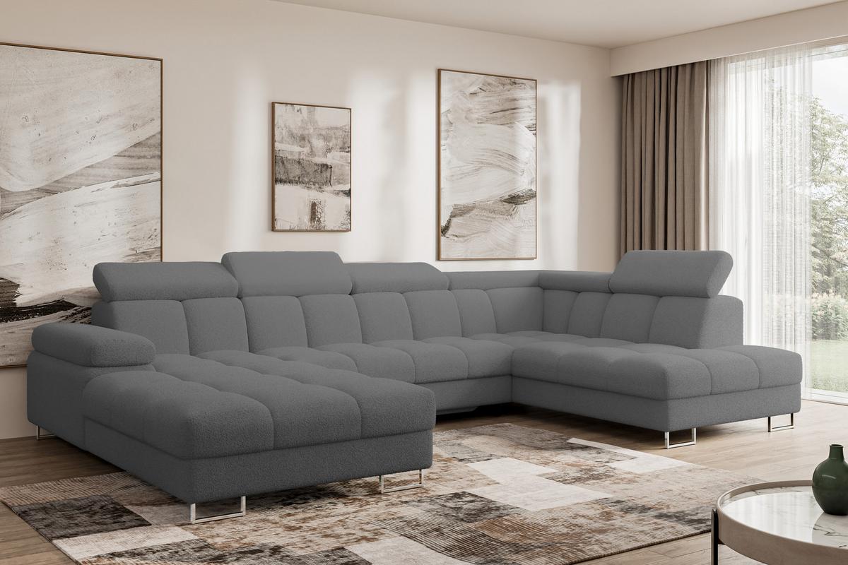 WOHNLANDSCHAFT mit Schlaffunktion und Bettkasten Ottomane RECHTS COMA U 345x203x79 Grau Bouclé - Chromfarben, Holzwerkstoff/Textil (203/79/345cm) - ALTDECOR