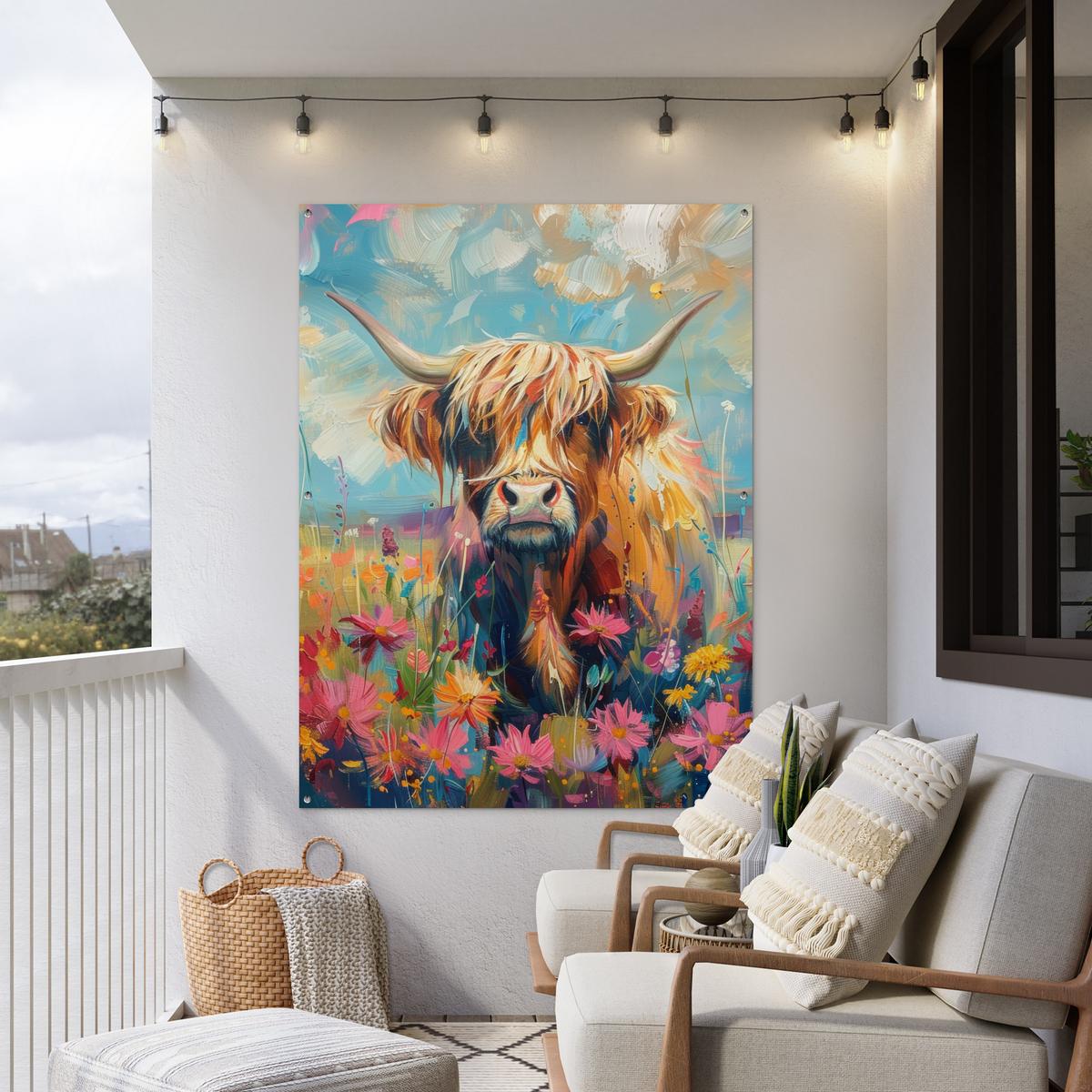 GARTENPOSTER Schottische Hochländer - Natur - Farbenfroh - Blumen Gartendekoration 120x160 cm - Hellblau, Kunststoff (120/160/0.2cm) - OnlyWow
