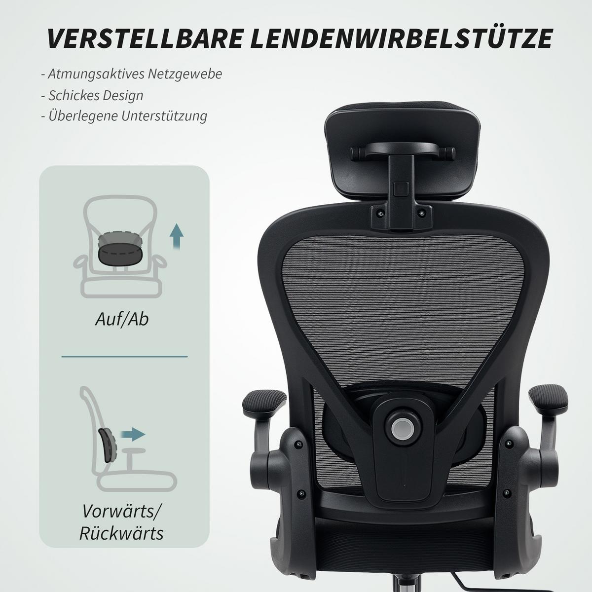 BÜROSTUHL Ergonomischer Schreibtischstuhl mit Hochklappbaren Armlehnen Schwarz - Schwarz, Kunststoff/Textil (63/125/64cm) - HOMCOM