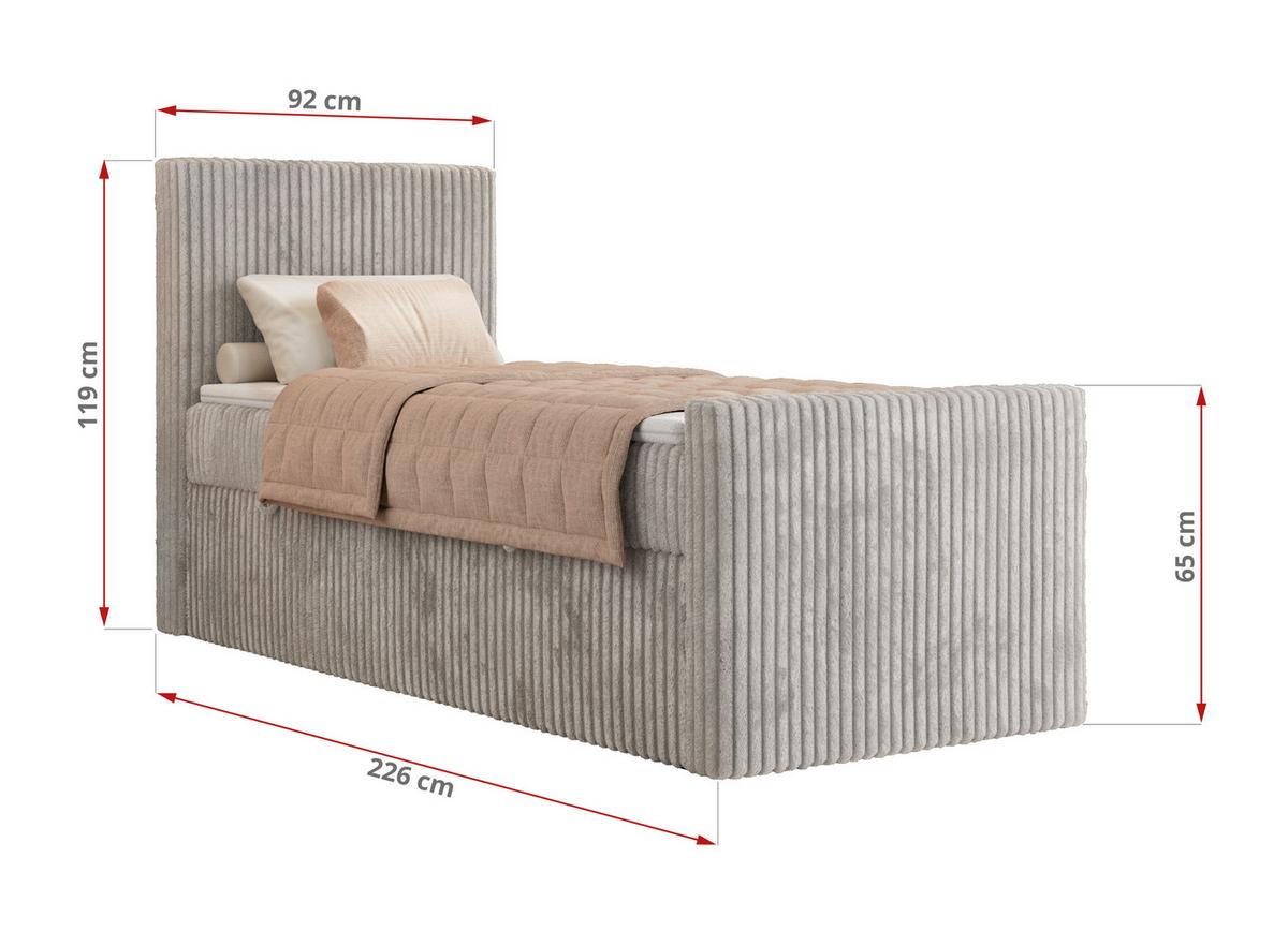 BOXBETT TILIANO DUO 90/200 - Hellgrau Cord - H4 - Topper T25 - Links Seite - Hellgrau, Textil (200/90cm) - MKS