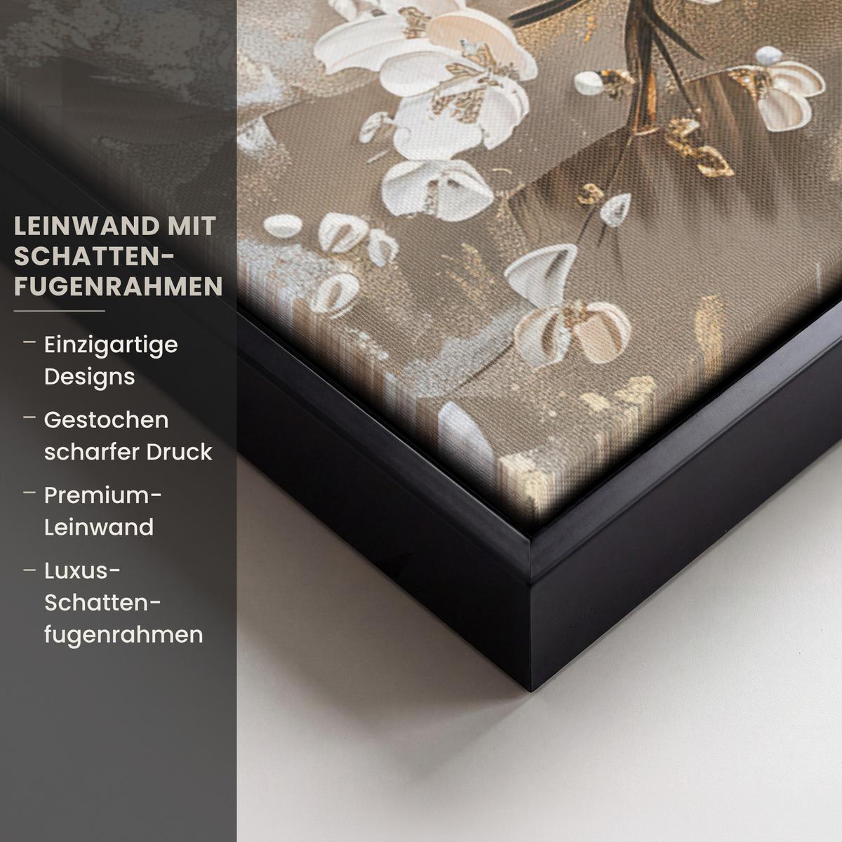 LEINWAND Bilder mit Rahmen - Blumen - Weiß - Gold - Beige - Luxus - 80x60 - Greige, Textil (80/60cm) - MuchoWow