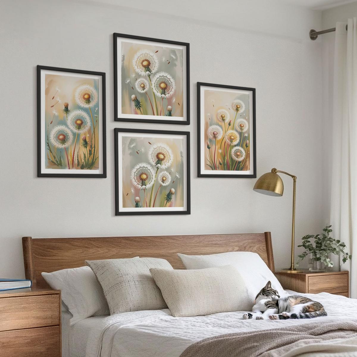 BILDER SET 4er Set - 50x50 cm & 40x60 cm Schwarzer Rahmen - Löwenzahnblüten, pastellfarbene Gräser - Schwarz, Kunststoff (50/50cm) - TULUP
