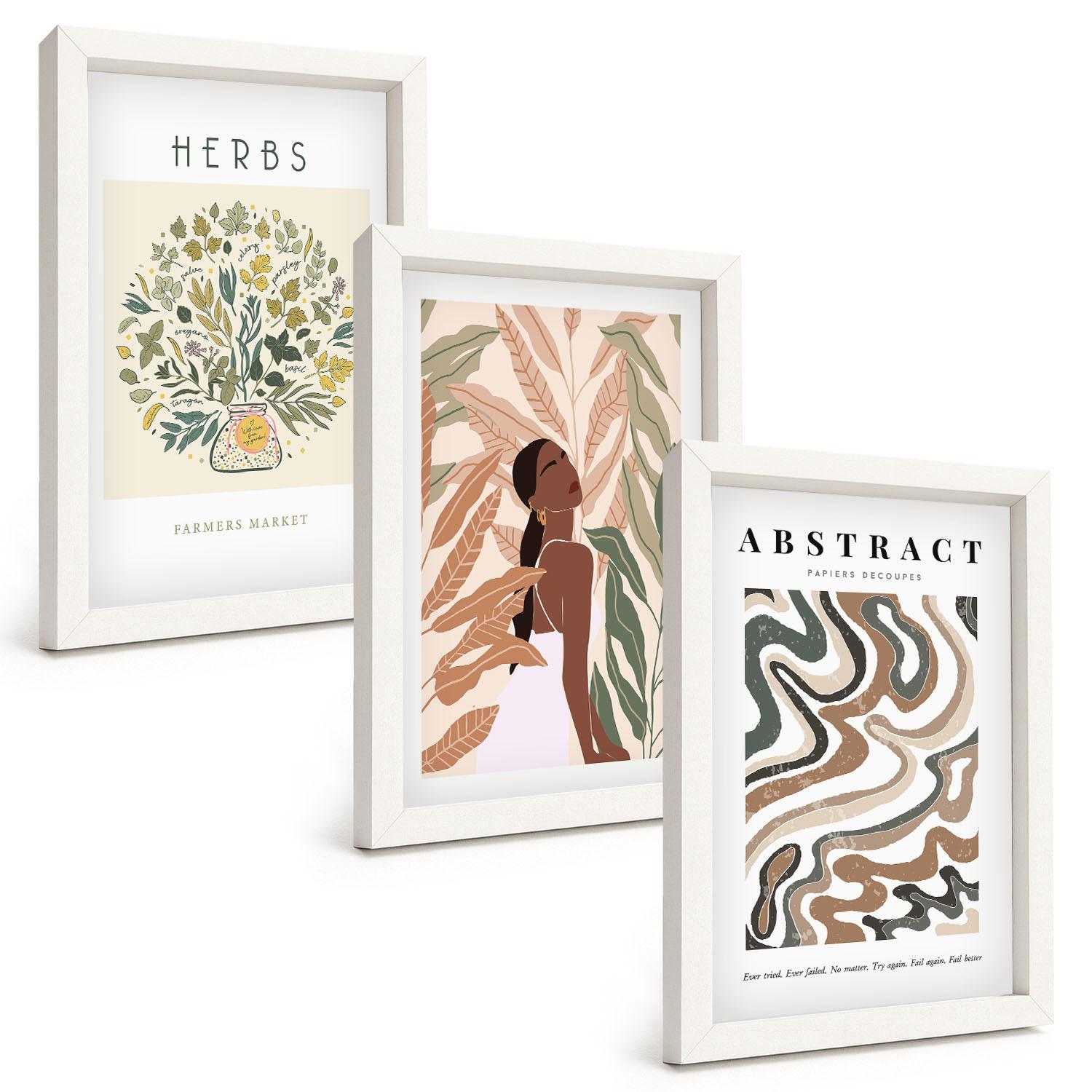 BILDER SET 3er Set - 20x30 cm Weißer Rahmen - Boho-Pastell-Minimalisten-Poster - Weiß, Kunststoff (20/30cm) - TULUP