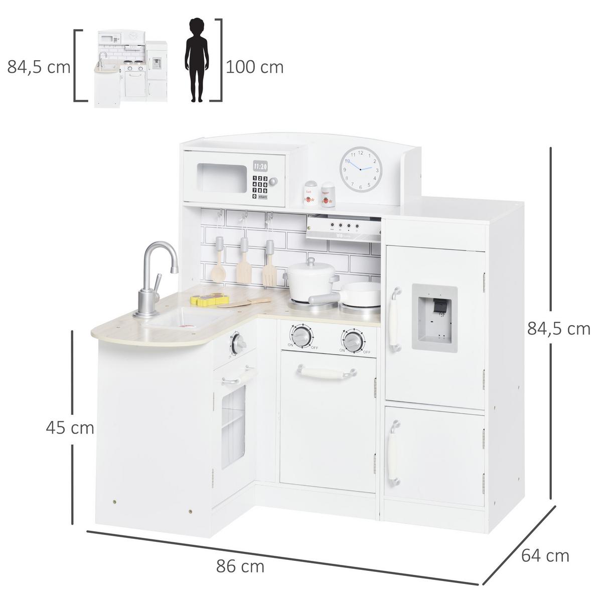 KINDERKÜCHE Spielküche mit elektronischem Wasserspender, Backofen, Weiß - Weiß, Holzwerkstoff (86/64/84.5cm) - HOMCOM