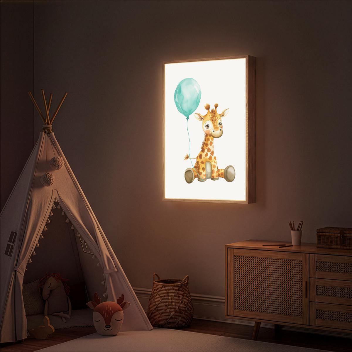 WANDLEUCHTE MIT AKKU Giraffe - Baby - Tiere - Blauer Ballon 70x100 cm - Weiß, Holzwerkstoff (70/100/8cm) - OnlyWow