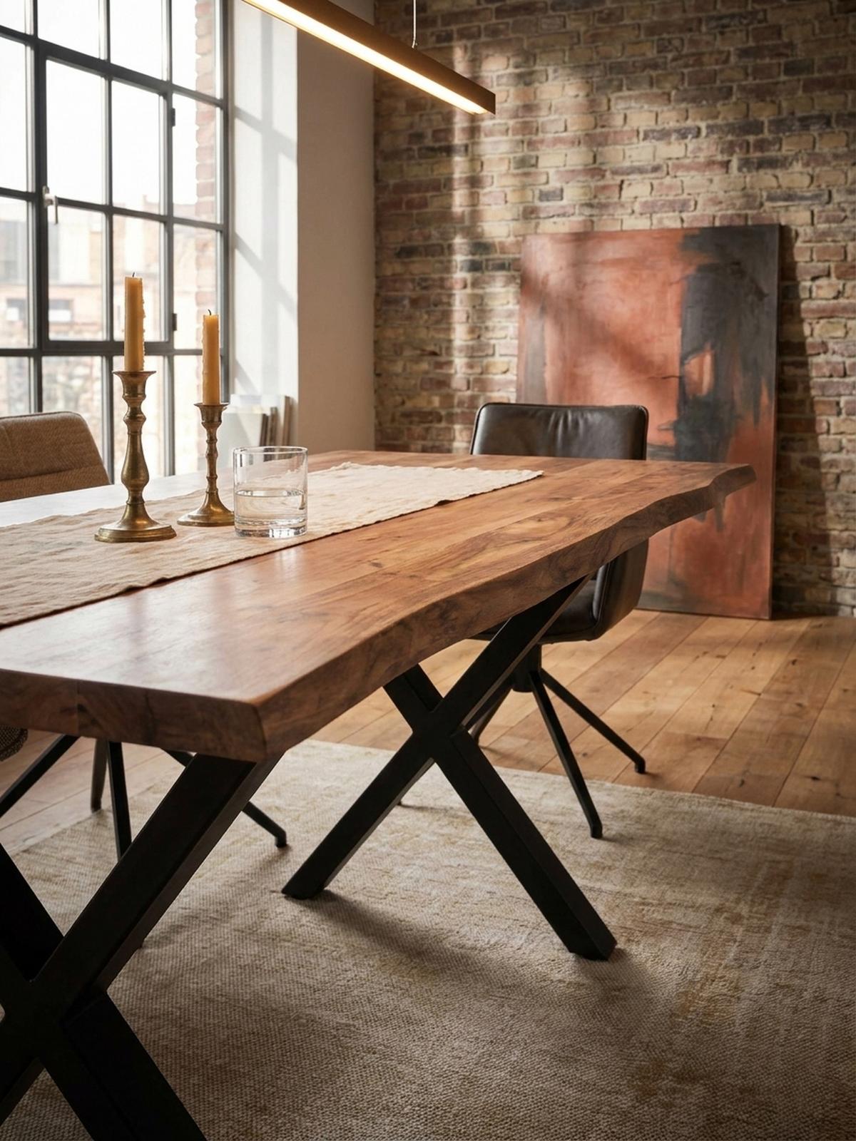 ESSTISCH Massivholz Metall X-Gestell Baumkante Industrial KRETA, Goldbraun-Schwarz 160x80x76 cm - Schwarz/Braun, Holz/Metall (80/160/76cm) - KADIMA DESIGN