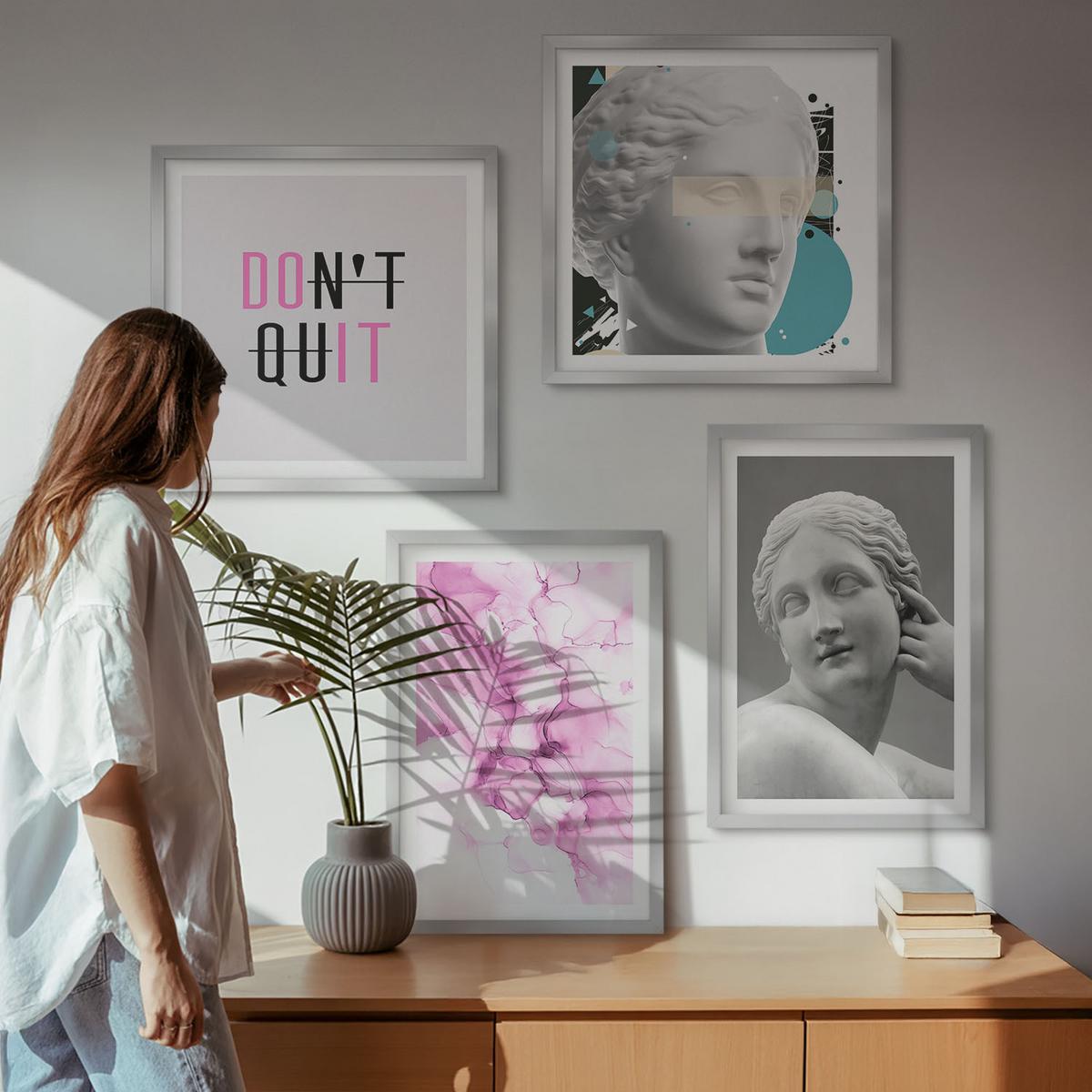 BILDER SET 4er Set - 50x50 cm & 40x60 cm Silberner Rahmen - Abstrakte Aquarellskulptur - Silberfarben, Kunststoff (50/50cm) - TULUP