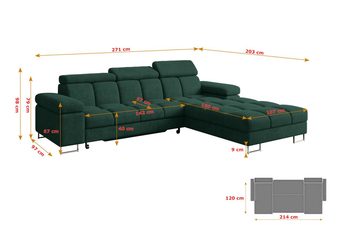 ECKSOFA mit Schlaffunktion Ottomane Rechts COMA L 271x203x79 Grün Velours - Grün, Holzwerkstoff/Textil (203/271cm) - ALTDECOR