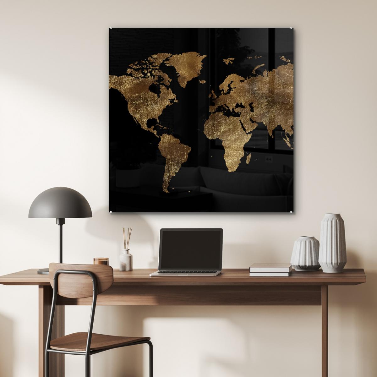 ACRYLGLASBILD Weltkarte - Gold - Luxus - Erde - Schwarz 90x90 cm - Goldfarben, Glas (90/90cm) - MuchoWow