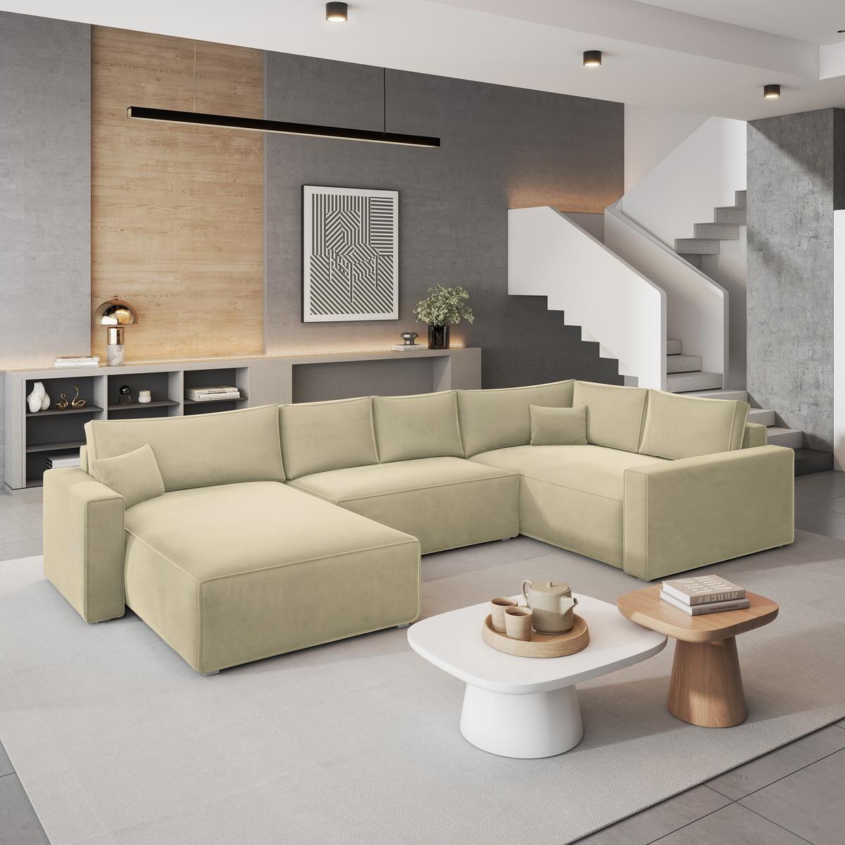 WOHNLANDSCHAFT VELAMI R-S Creme Velours-Stoff mit Schlaffunktion - Creme, Holz (365/83/194cm) - MASSENO