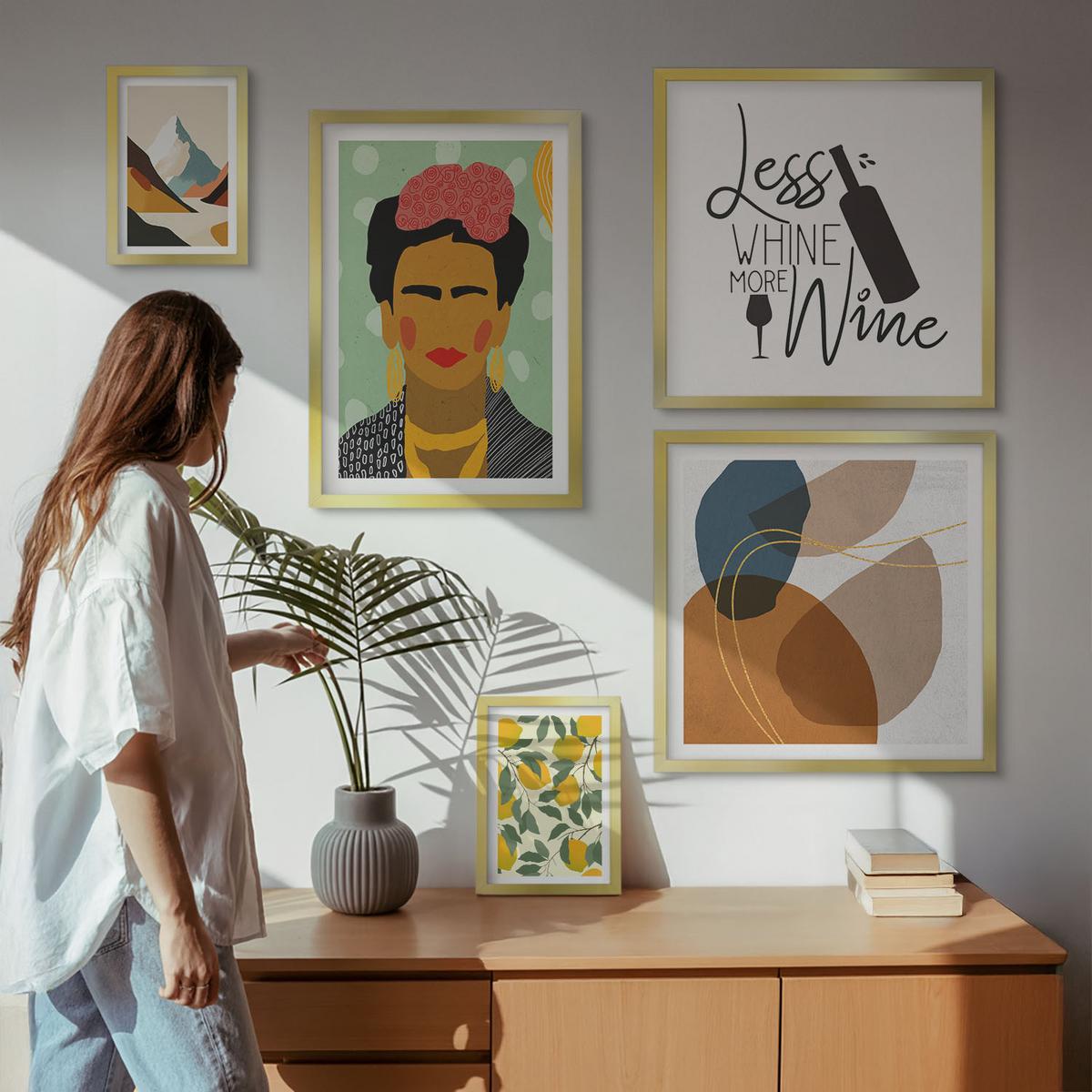 BILDER SET 5er Set - 50x50 cm & 20x30 cm & 40x60 cm Goldrahmen - Zitronenweinporträt von Frida - Goldfarben, Kunststoff (40/60cm) - TULUP