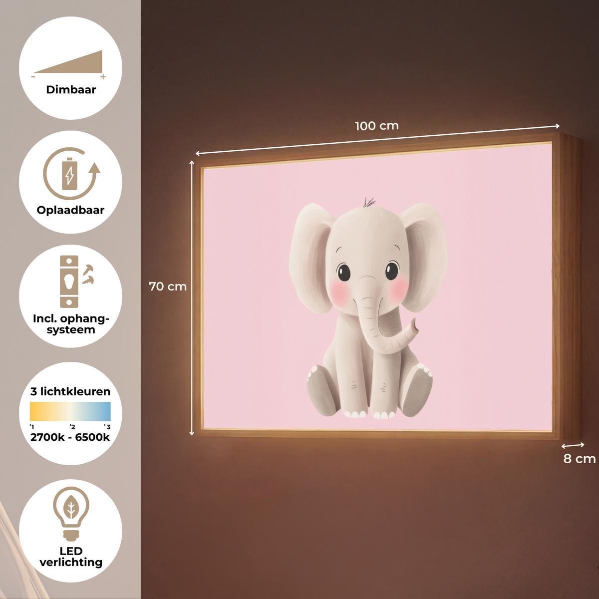 WANDLEUCHTE MIT AKKU Elefant - Baby - Rosa - Cartoon 100x70 cm - Hellrosa, Holzwerkstoff (100/70/8cm) - OnlyWow