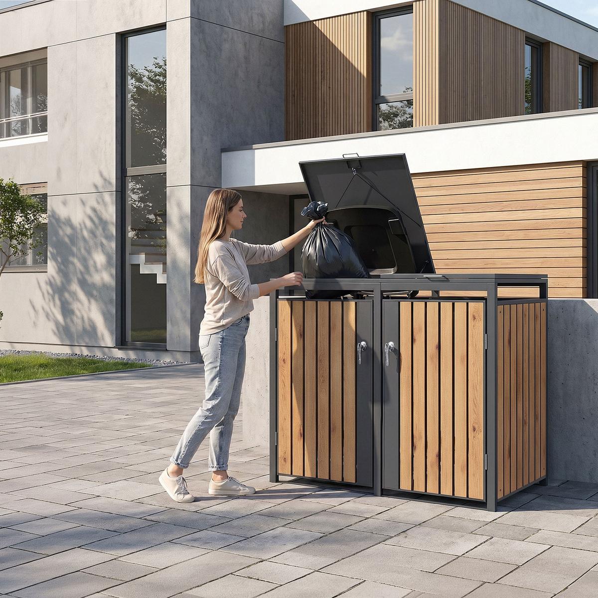 MÜLLTONNENBOX 4er Anthrazit-Holzoptik - Graubraun, Metall (264/120/80cm) - ML-DESIGN