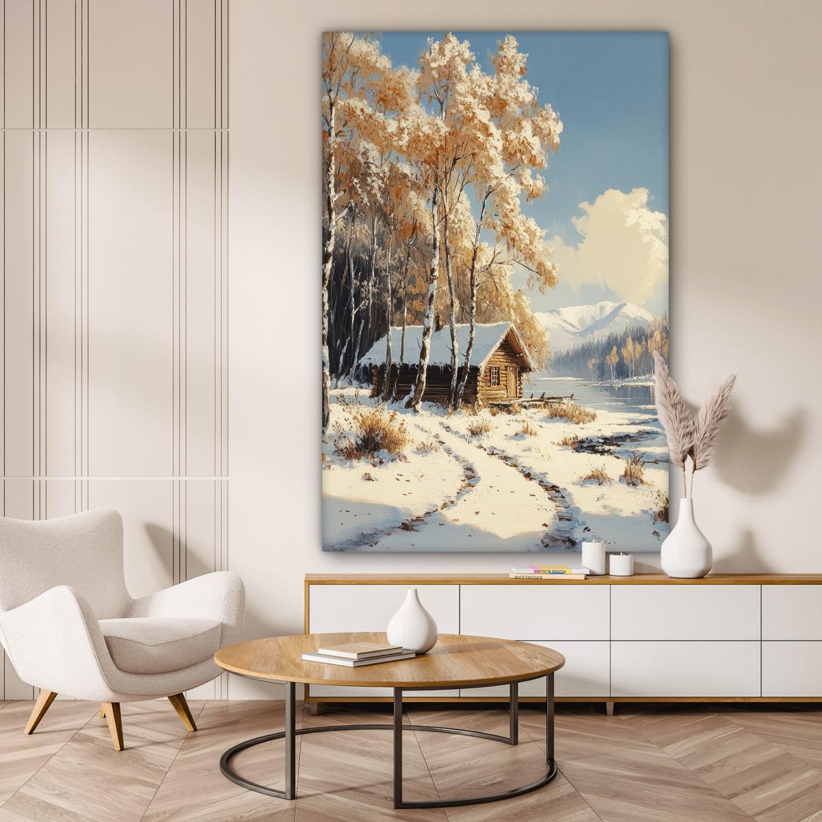 LEINWANDBILD Winter - Schnee - Zuhause - Natur Deko Groß 90x140 cm - Hellbraun, Textil (90/140cm) - MuchoWow