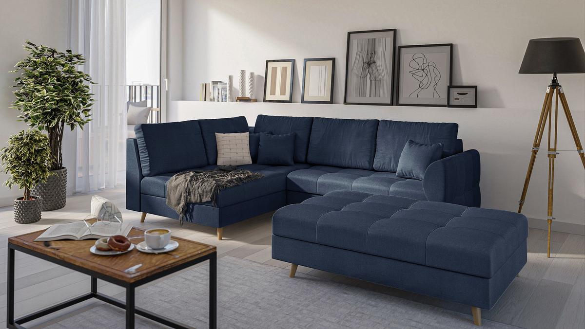 ECKSOFA MIT HOCKER Lorine Mikrofaser Dunkelblau - Hellbraun/Dunkelblau, Buchenholz/Textil (231/161cm) - S-Style Möbel