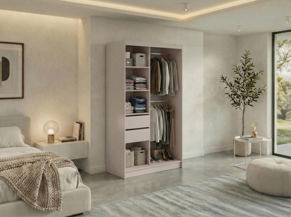 SCHWEBETÜRENSCHRANK mit Schubladen 120 - VERONA - Kaschmir mit Spiegel - Kaschmir/Alufarben, Holzwerkstoff/Metall (120/216/61cm) - MKS
