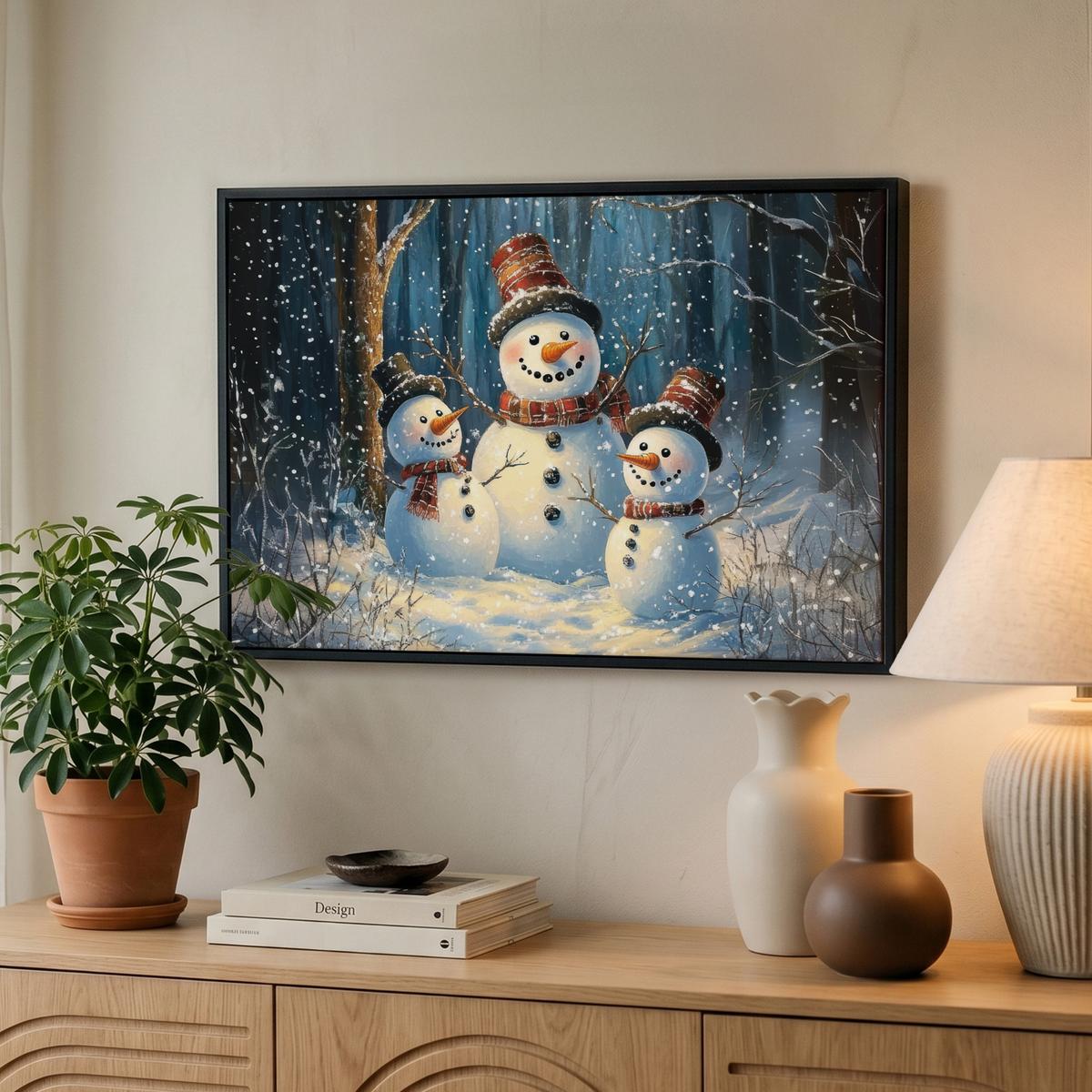LEINWAND Bilder mit Rahmen - Schneemann - Schnee - Winter - Wald - 60x40 - Hellblau, Textil (60/40cm) - MuchoWow