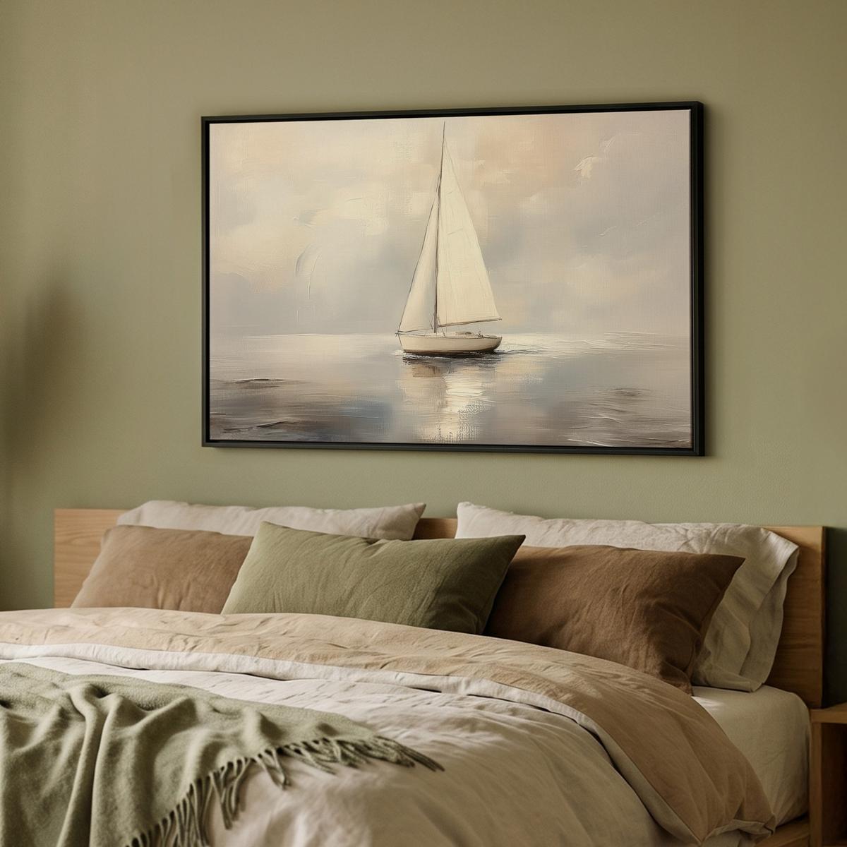 LEINWAND Bilder mit Rahmen - Segelschiff - Meer - Bewölkt - 90x60 - Creme, Textil (90/60cm) - MuchoWow