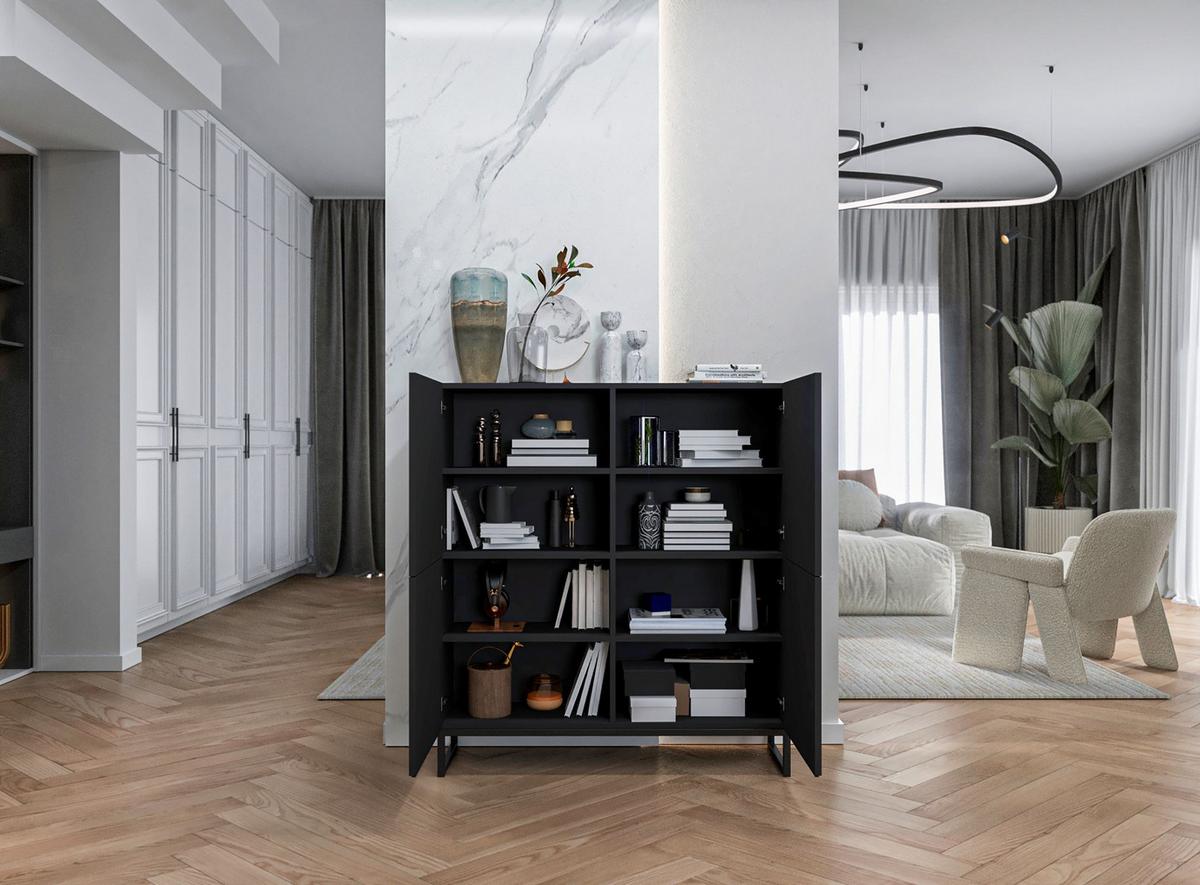 KOMMODE Elpis 4D Schwarz Matt mit metallrahmen Glamour 112 cm - Schwarz, Holzwerkstoff/Metall (112/126/36.5cm) - Meble Lindner