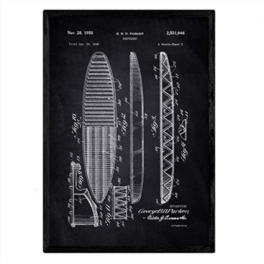 POSTER Surfbrett Patent A3 Rahmenlos - Schwarz, Papier (29.7/5/42cm) - Nacnic
