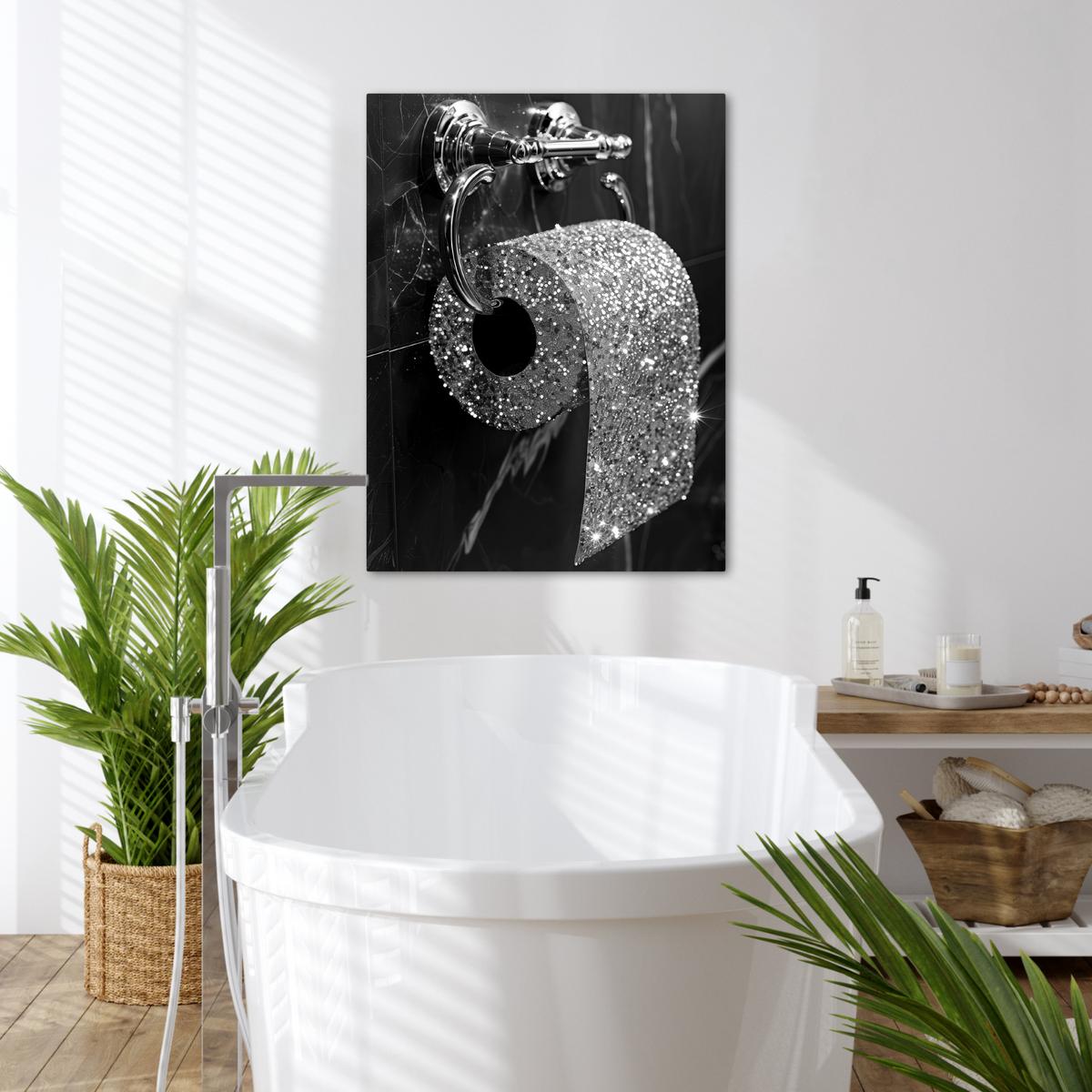 LEINWANDBILD WC - Toilettenpapier - Schwarz und weiß - Glitter Wandbild Wohnzimmer 50x70 cm - Silberfarben, Textil (50/70cm) - MuchoWow