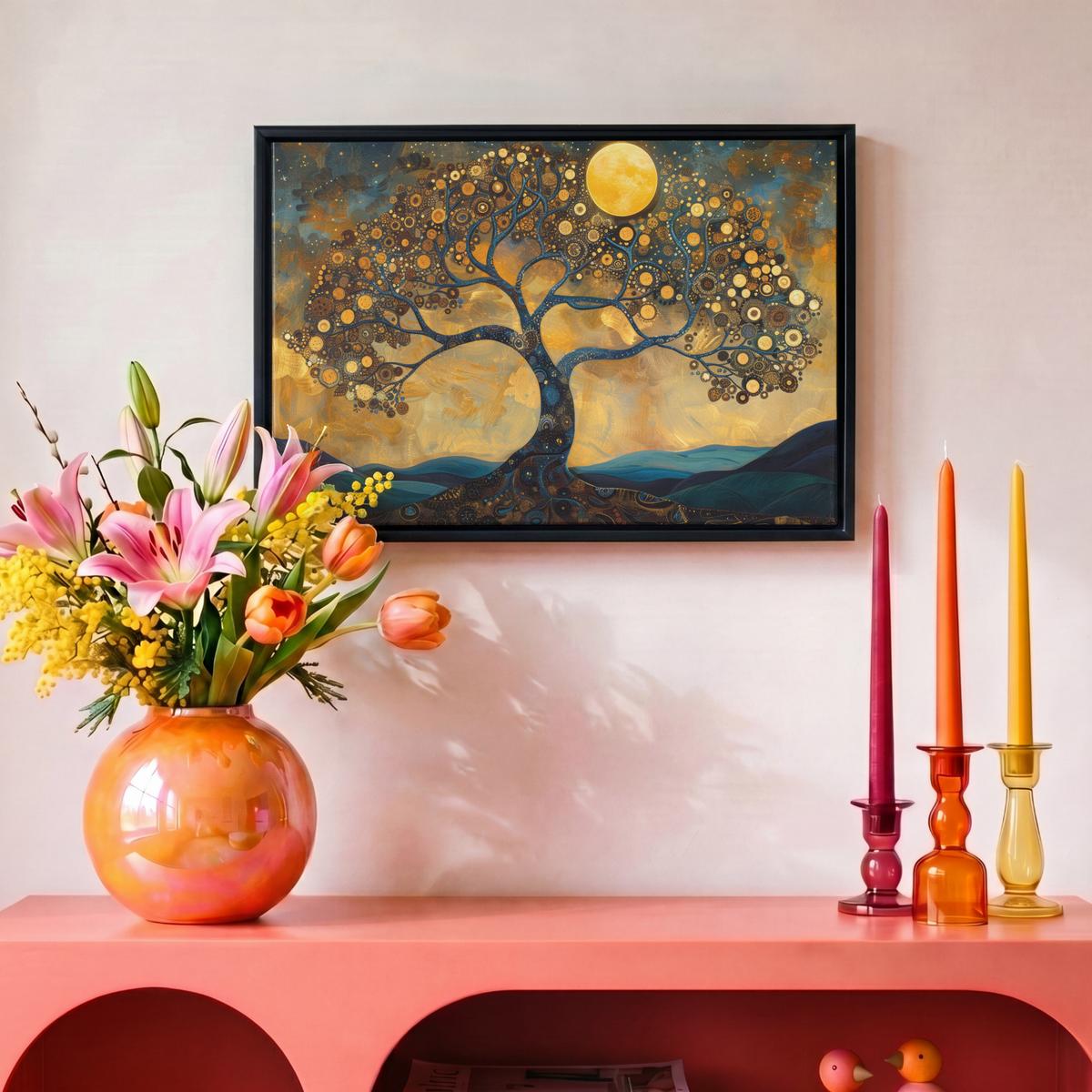 LEINWAND Bilder mit Rahmen - Baum - Mond - Blumen - Gold - Kunst - 30x20 - Orange, Textil (30/20cm) - MuchoWow