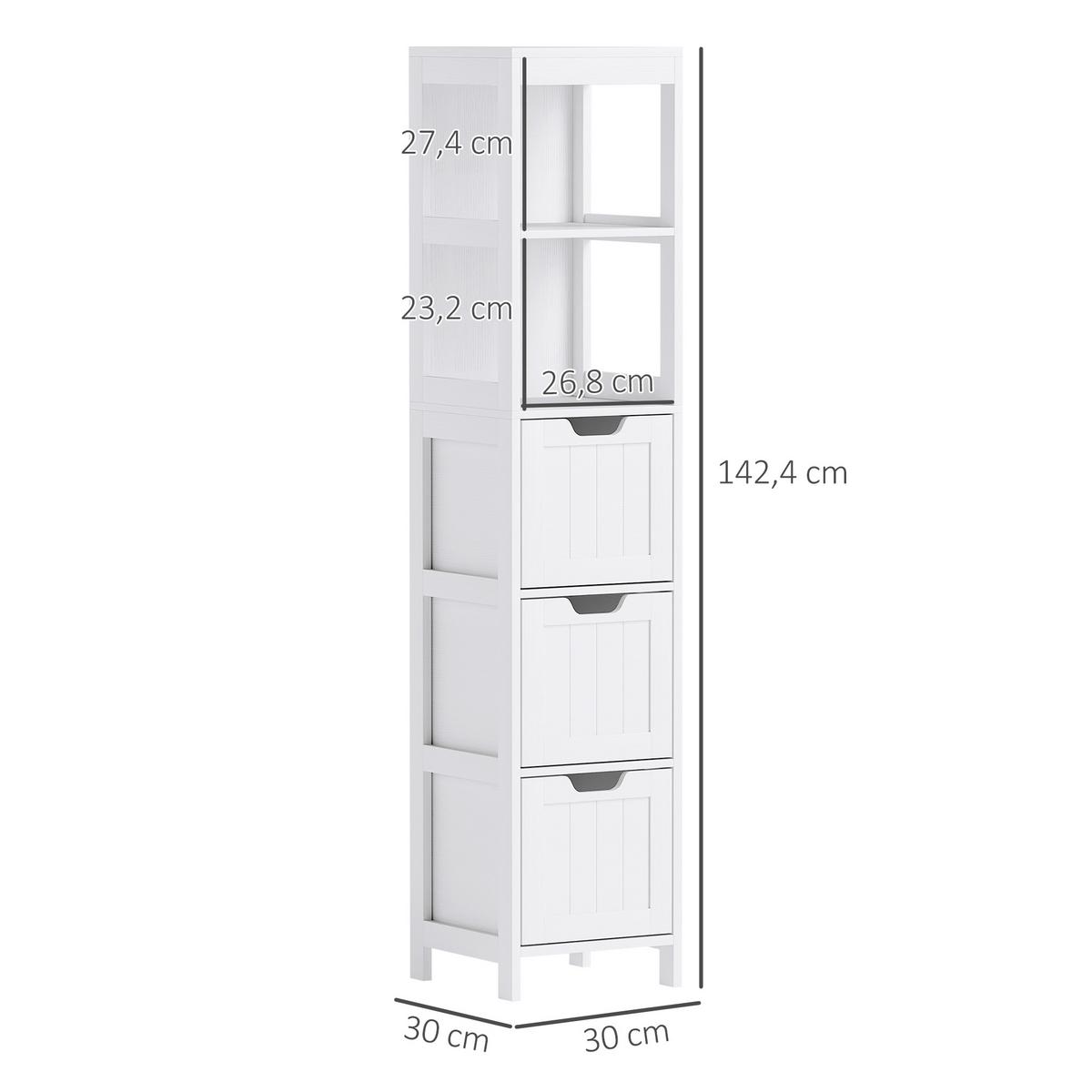 BADEZIMMERSCHRANK Badschrank Bad Hochschrank mit 3 Schubladen, 2 offenen Fächern - Weiß, Holz (30/142.4/30cm) - HOMCOM