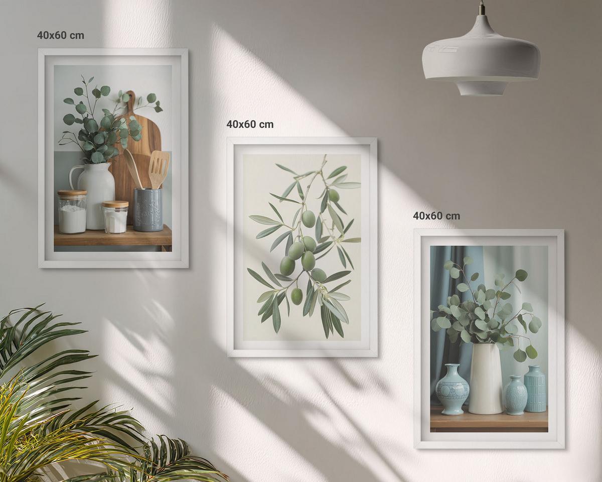 BILDER SET 3er Set - 40x60 cm Weißer Rahmen - Grüne Oliven, Eukalyptus - Weiß, Kunststoff (40/60cm) - TULUP