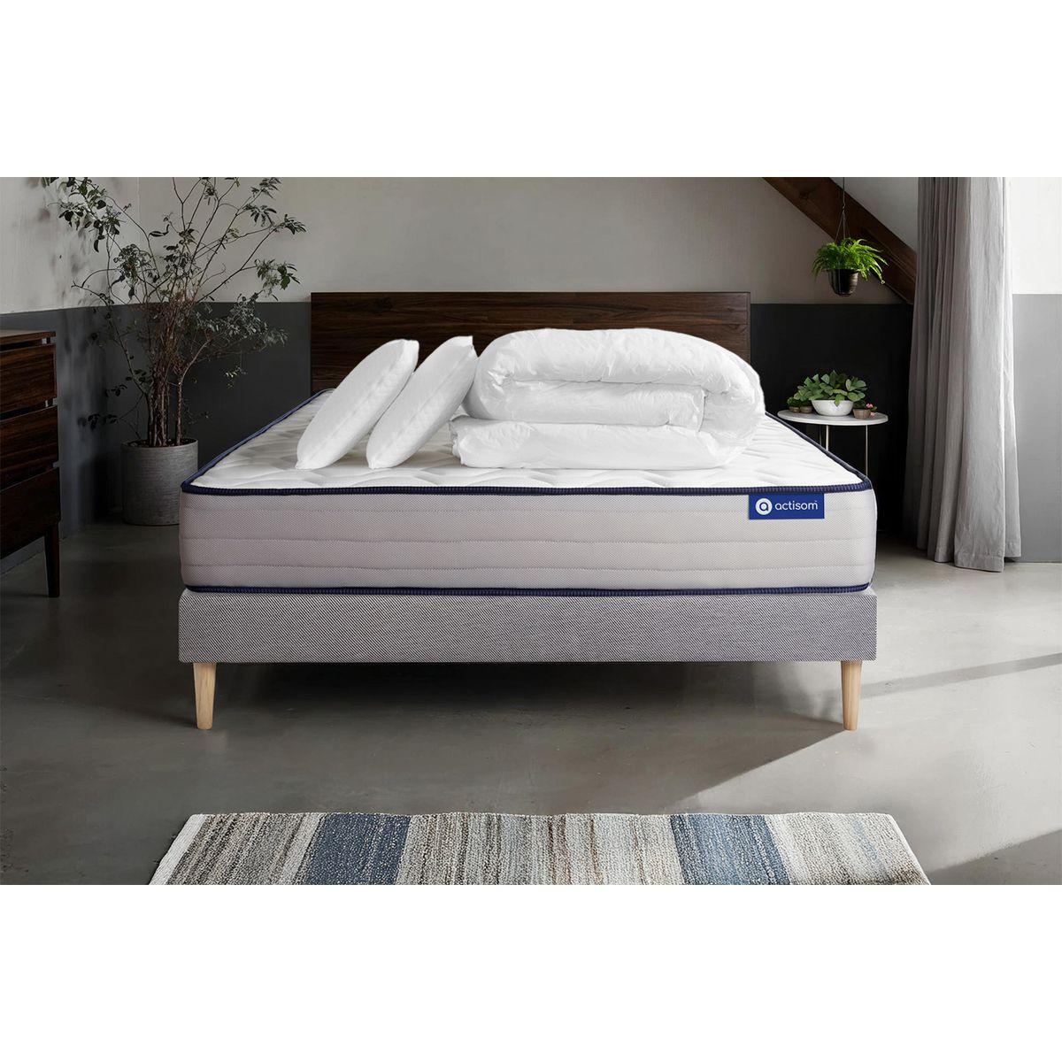 BETT Actimemo form Memory-Schaum 160 x 200 cm h3 - Kit Bettgestell Grau - Mit Kissen und Bettdecke - Beige/Grau, Karton/Holz (160/200cm) - ACTISOM