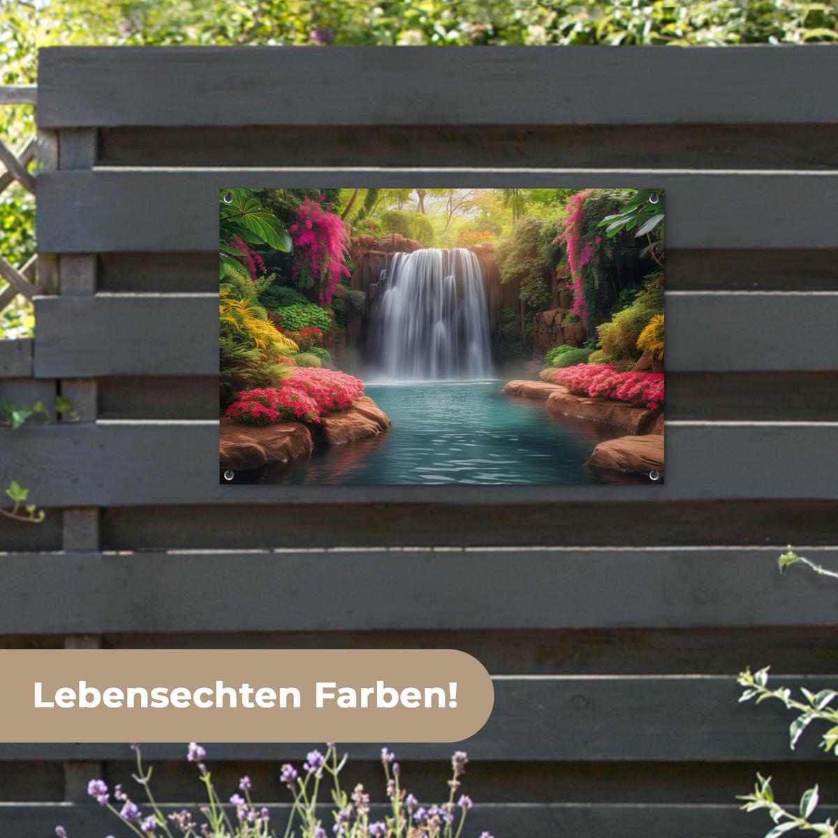 GARTENPOSTER Wasserfall - Natur - Pflanzen - Dschungel - Wasser Gartendeko 90x60 cm - Grün, Kunststoff (90/60/0.2cm) - OnlyWow