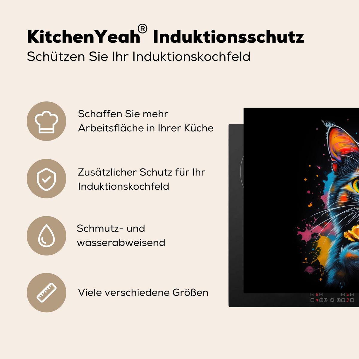 HERDABDECKPLATTE Katze - Graffiti - Bunt - Waffel - Essen Induktionsmatte 81x52 cm - Multicolor, Kunststoff (81/52/0.2cm) - MuchoWow