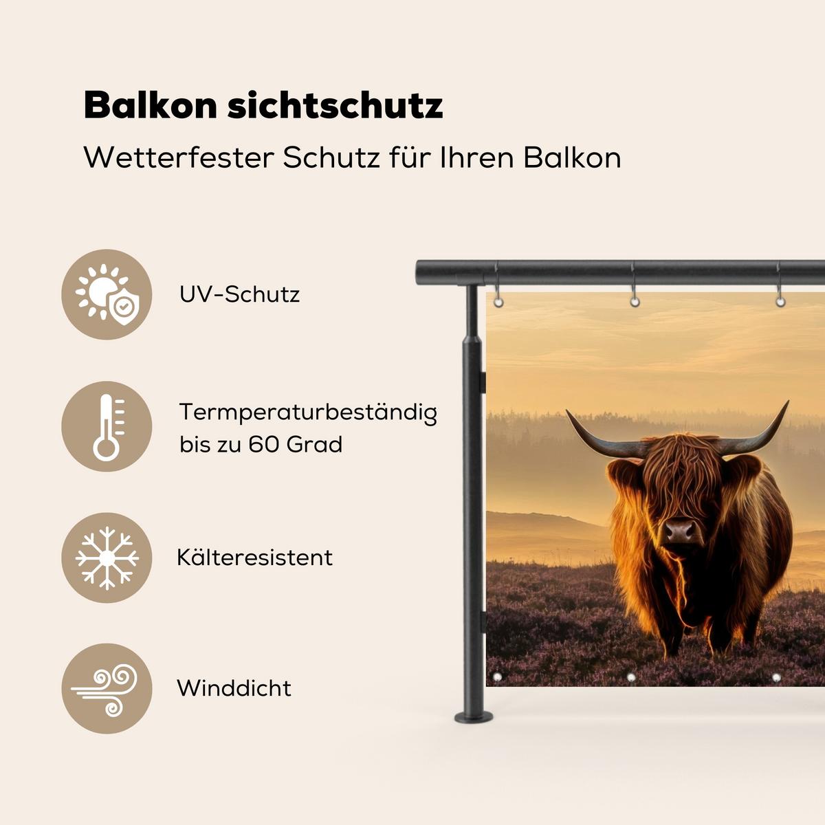 BALKON-SICHTSCHUTZ Schottische Hochlandbewohner - Heide - Landschaft - Tiere Witterungsbeständig 200x110 cm - Cognac, Kunststoff (200/110cm) - MuchoWow