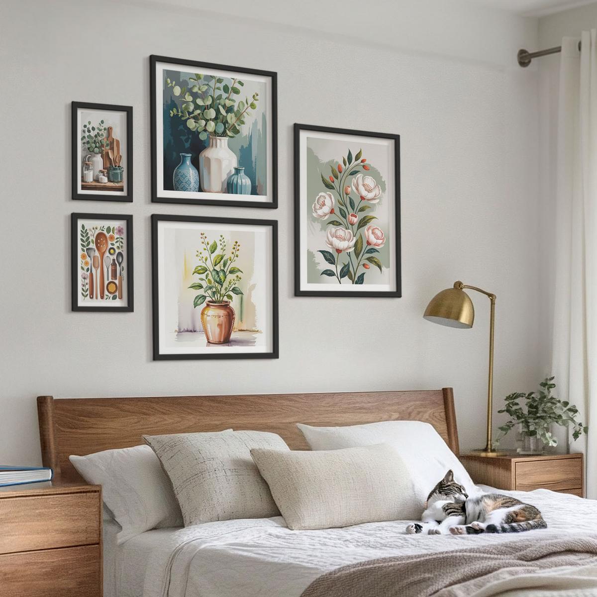 BILDER SET 5er Set - 50x50 cm & 20x30 cm & 40x60 cm Schwarzer Rahmen - Blumen und Früchte in Vasen - Schwarz, Kunststoff (40/60cm) - TULUP