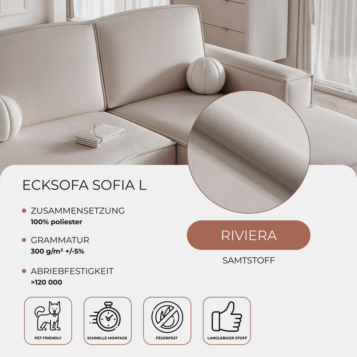 ECKSOFA SOFIA Veloursstoff in Beige - Beige, Holzwerkstoff/Kunststoff (210/157cm) - Idohome