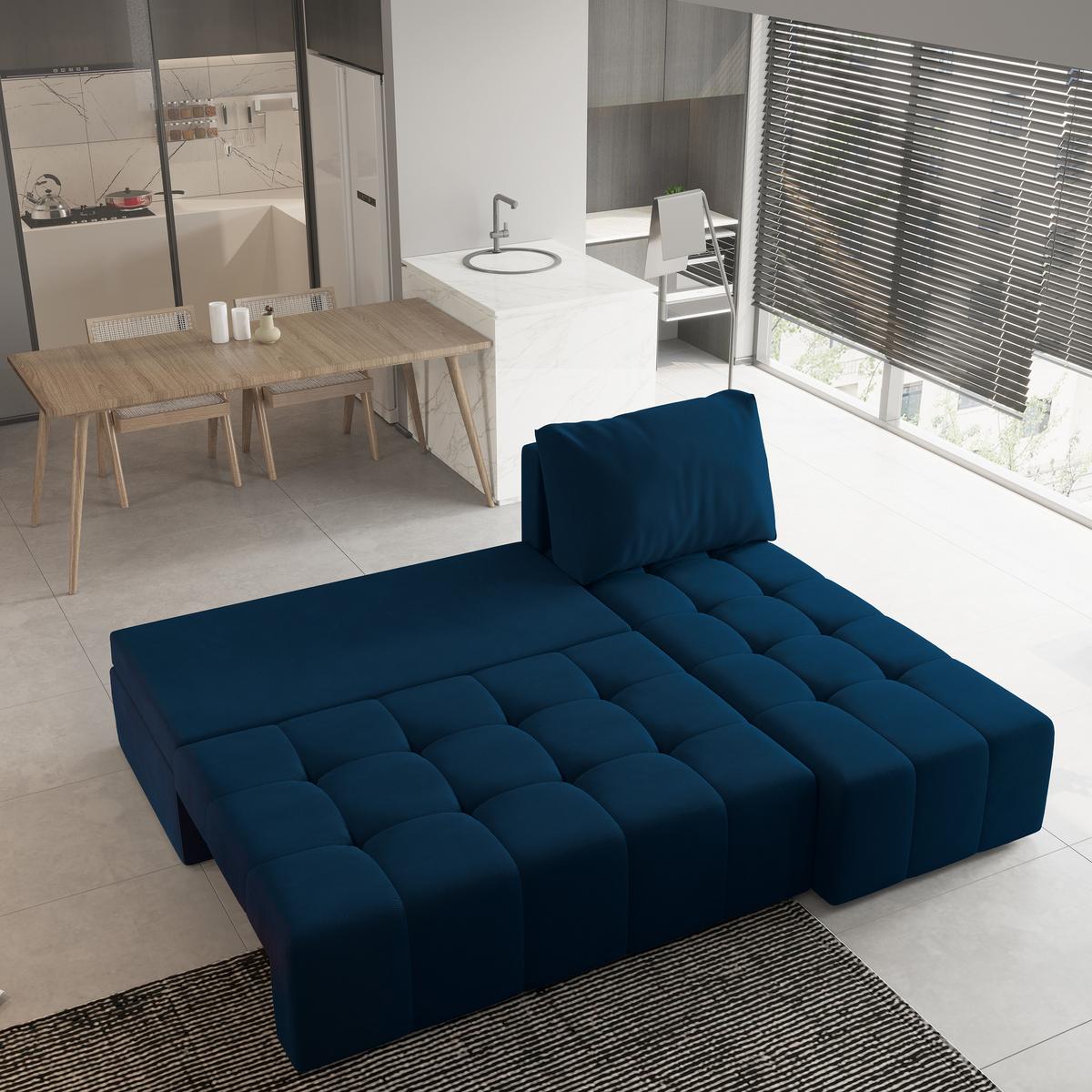 ECKSOFA DOMIRA Blau Plüsch-Stoff mit Schlaffunktion - Blau, Holz (200/141cm) - MASSENO