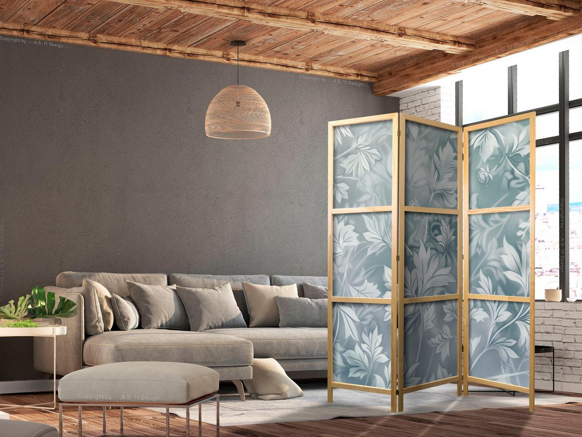 PARAVENT Japanischer 3-tlg 135x172 cm Bl tter - Blau, Holz/Textil (135/172/3cm) - Muralo