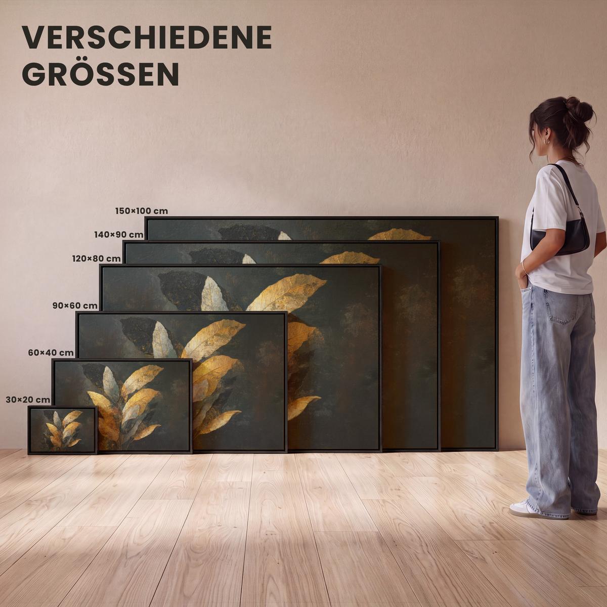 LEINWAND Bilder mit Rahmen - Golden Leaf Komposition - Botanical Luxury - 140x90 - Goldfarben, Textil (140/90cm) - MuchoWow