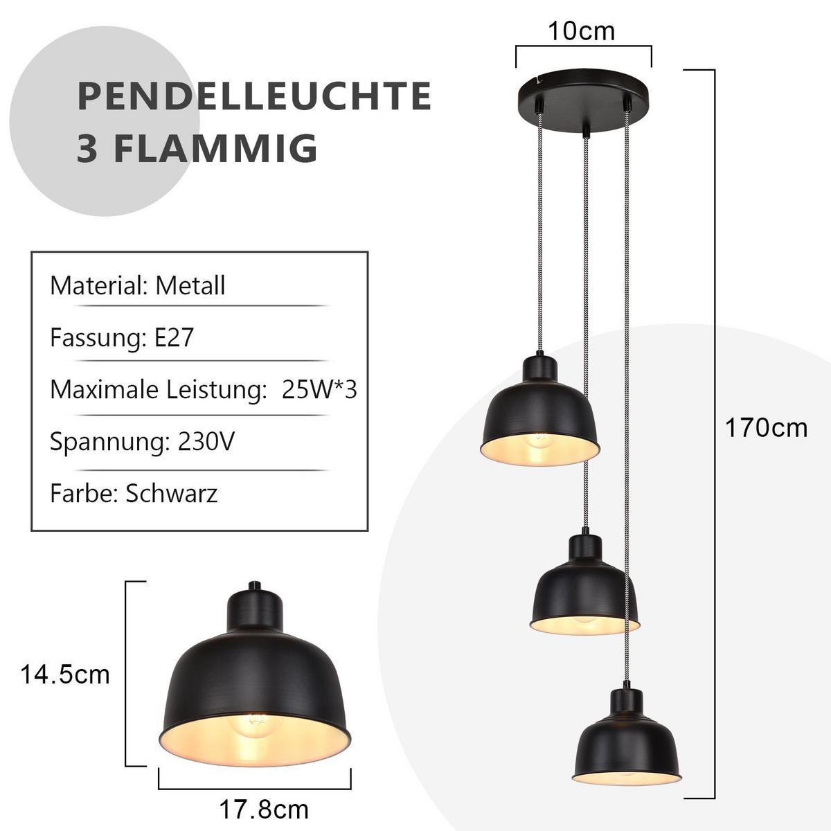 PENDELLEUCHTE Selma 3-flammig 10/18/170 cm - Schwarz, Metall (10/18/170cm) - Nettlife