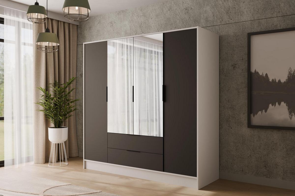 KLEIDERSCHRANK mit Spiegel und Flügeltüren KOLIN 200x200cm Weiß / Schwarz - Schwarz/Weiß, Holzwerkstoff (200/200/51cm) - ALTDECOR
