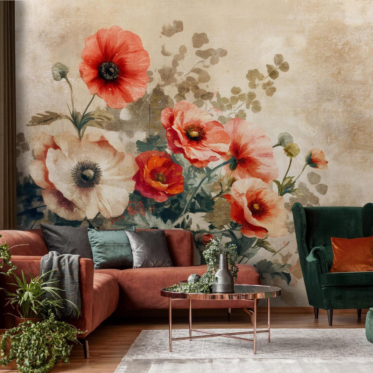 FOTOTAPETE Blumen Vintage Betonwand Schlafzimmer 400x280 - Multicolor, Papier (400/280cm) - Wallarena