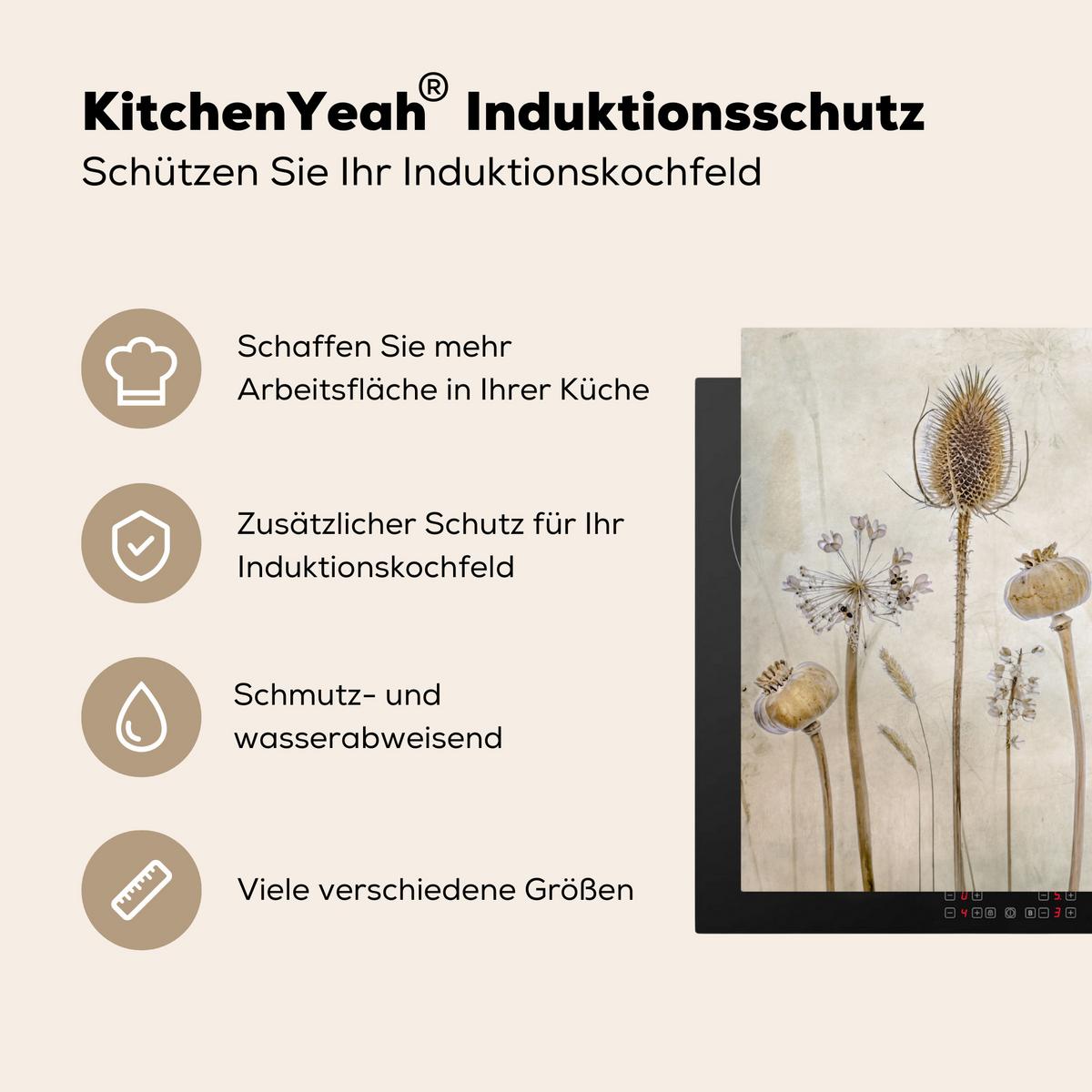 HERDABDECKPLATTE Blumen - Aquarell - Stilleben - Braun - Vintage Herdabdeckung Induktionsfeld 75x52 cm - Sandfarben, Kunststoff (75/52/0.2cm) - MuchoWow