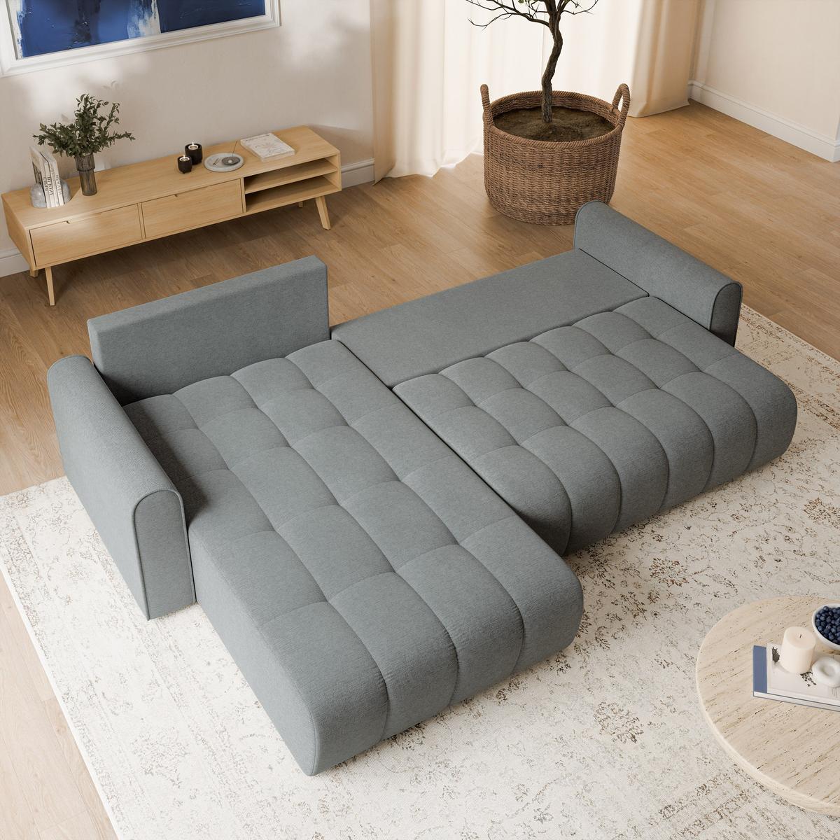 ECKSOFA FRIGA Grau Strukturstoff mit Schlaffunktion - Grau, Holz (283/185cm) - MASSENO
