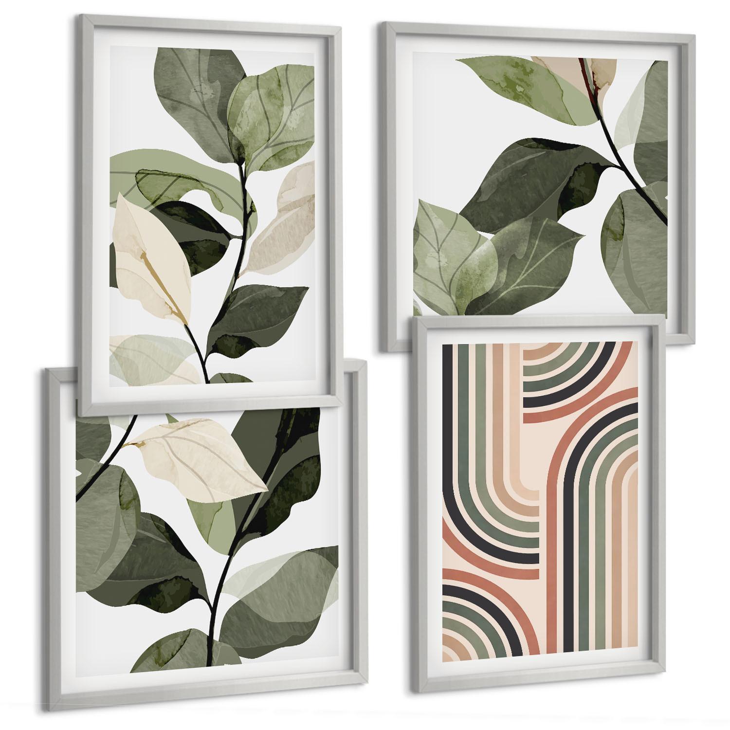 BILDER SET 4er Set - 50x50 cm & 40x60 cm Silberner Rahmen - Geometrische Pflanzenmotive - Silberfarben, Kunststoff (50/50cm) - TULUP