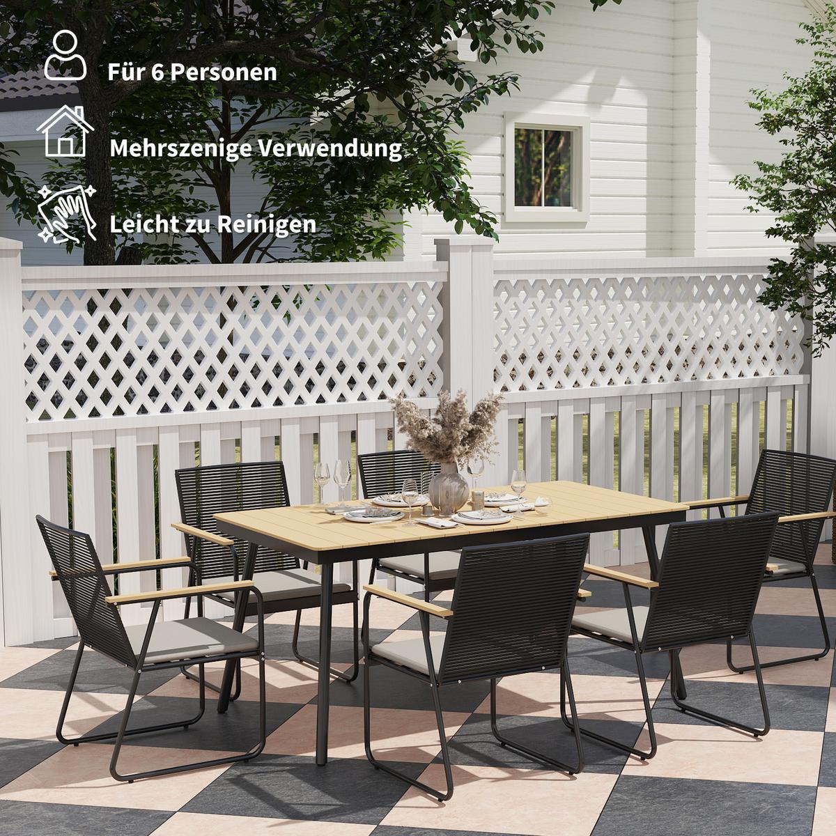 SITZGRUPPE 7-teilig Metall Essgruppe für 6 Personen Esstisch mit Tisch 6 Stühlen - Naturfarben, Metall - Outsunny