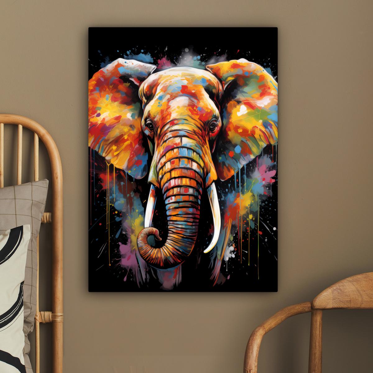 LEINWANDBILD Elefant - Graffiti - Schwarz - Tiere - Farben Wandbild Wohnzimmer 60x80 cm - Schwarz, Textil (60/80cm) - MuchoWow