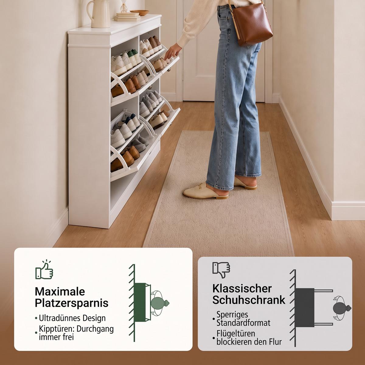 SCHUHSCHRANK, Weiß, nur 24 cm tief, 4 Klappen für 16 Paar, schmal für Flur, Diele & hinter der Tür - Weiß, Holzwerkstoff (105/82/24cm) - SoBuy