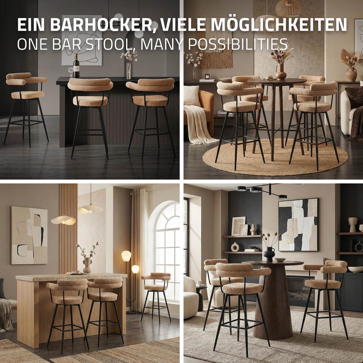 BARHOCKER 2er Set drehbar Braun mit Teddy-Stoff 76 cm hoch - Schwarz/Braun, Textil/Metall (61/103/55cm) - ML-DESIGN