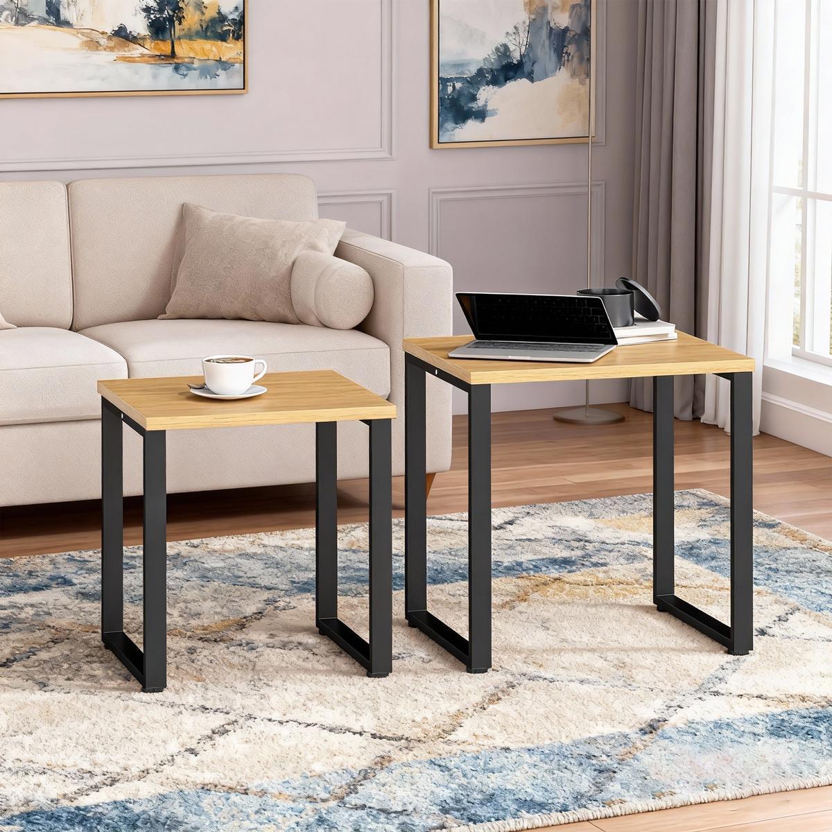 COUCHTISCH 2er Set Spanplatte Metall Naturholz - Schwarz/Naturfarben, Holzwerkstoff/Metall (60/50/60cm) - HOMCOM