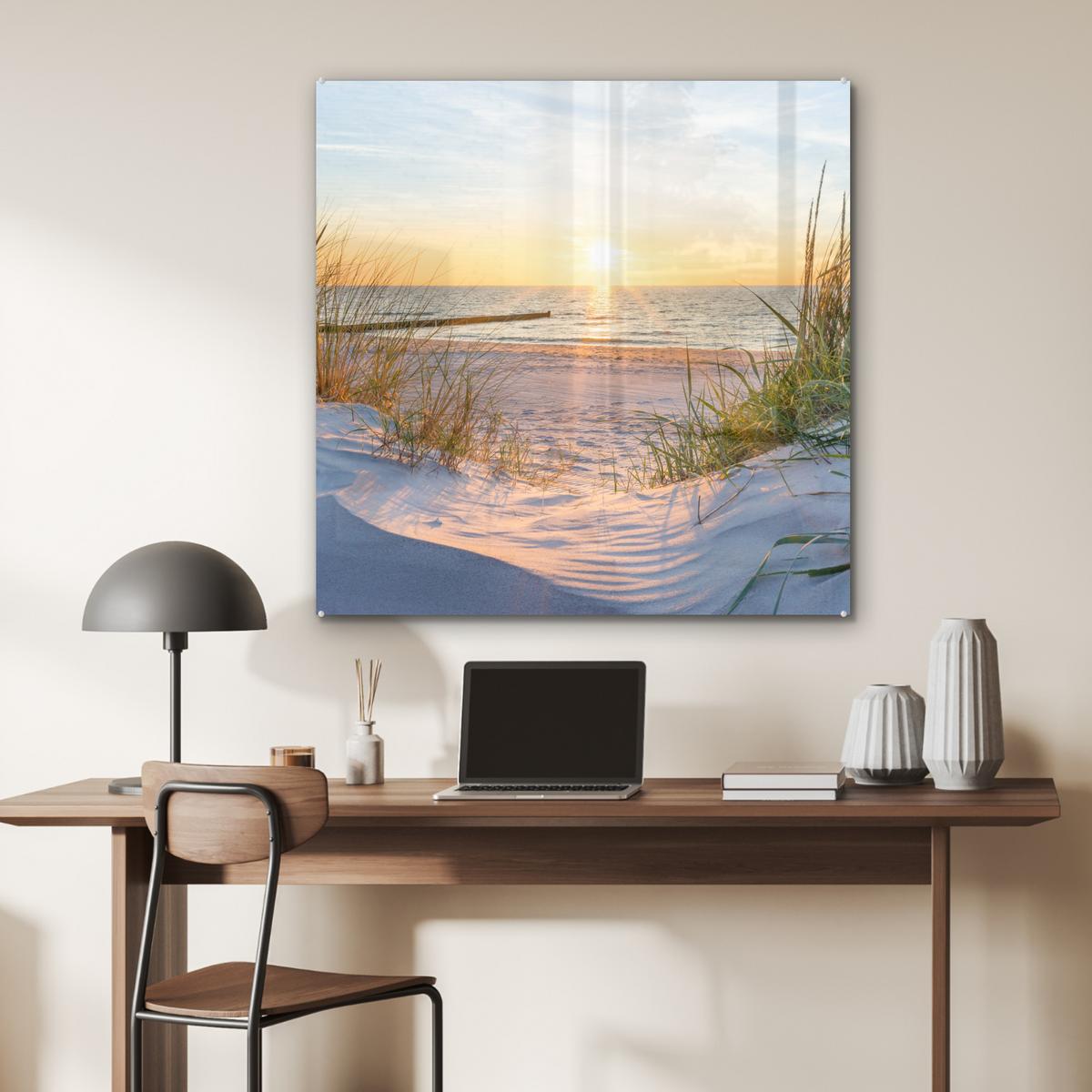 ACRYLGLASBILD Strand - Sonne - Düne - Gras - Sand - Horizont 90x90 cm - Hellblau, Glas (90/90cm) - MuchoWow